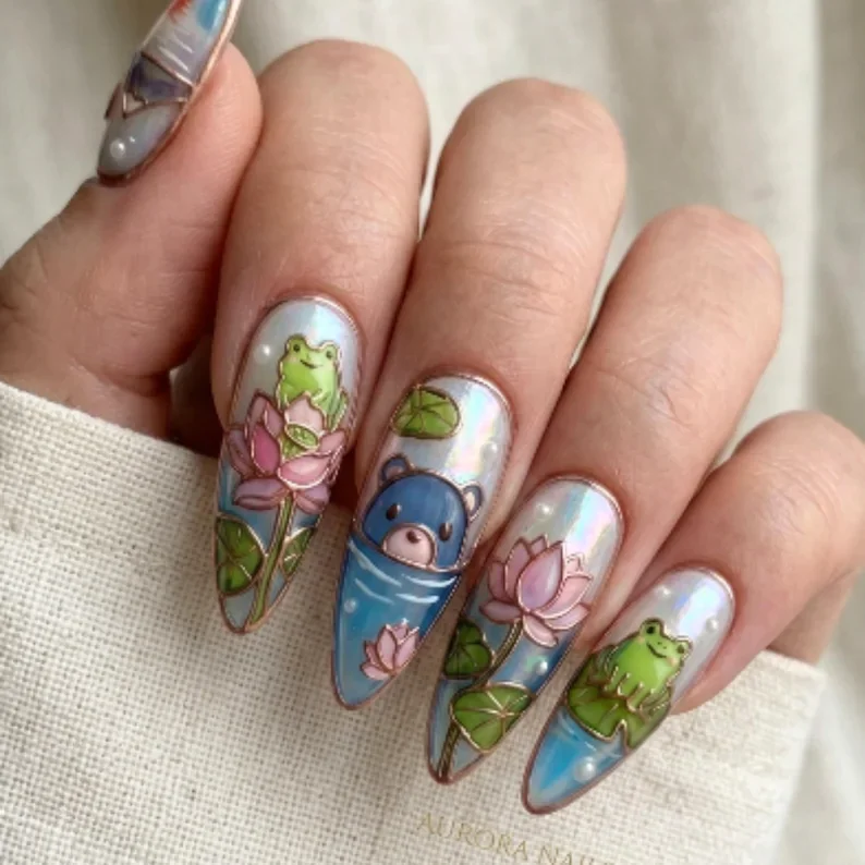 kawaii bear nails, iridescent nails, press on nails, custom press on nails, fake nails, Nails Art, stained glass nails, gold press on nails, 3d press on nails, luxury press on nails, handmade press on nails
