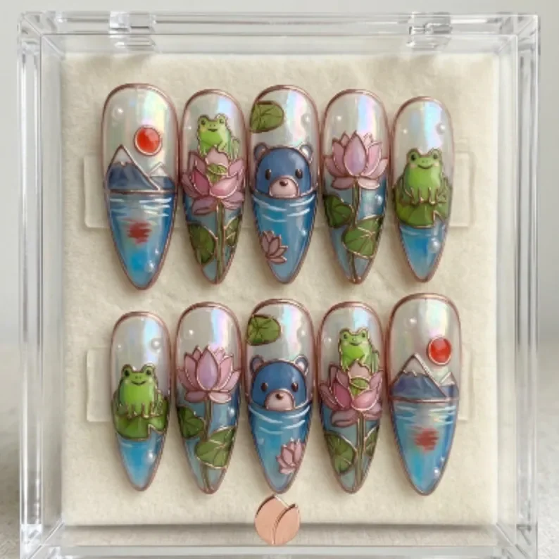 zen pond harmony, frog and bear set, press on nails, custom press on nails, fake nails, Nails Art, stained glass nails, gold press on nails, 3d press on nails, luxury press on nails, handmade press on nails