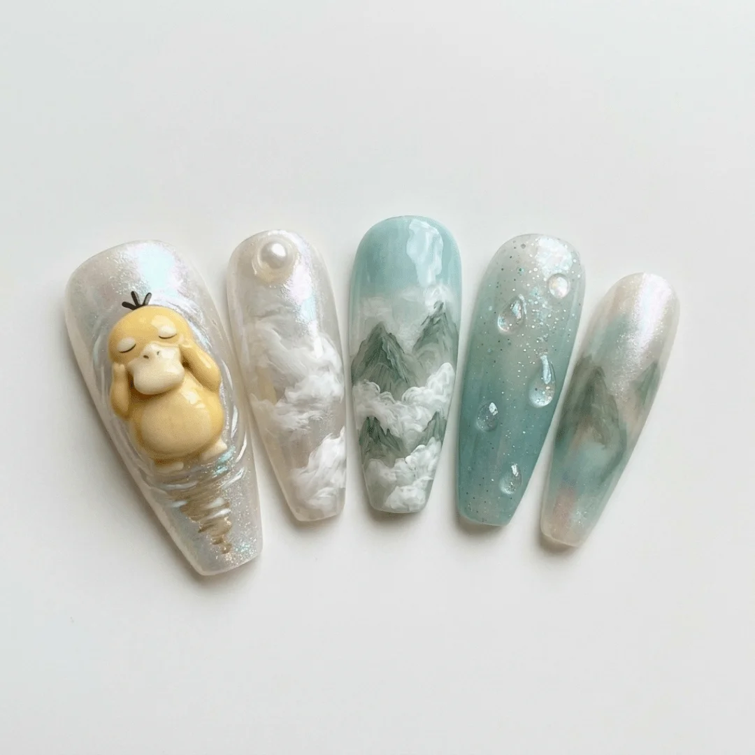 Zen Psyduck press on nails, 3D Misty Mountain nails, press on nails, custom press on nails, fake nails, Nails Art, stained glass nails, gold press on nails, 3d press on nails, luxury press on nails, handmade press on nails