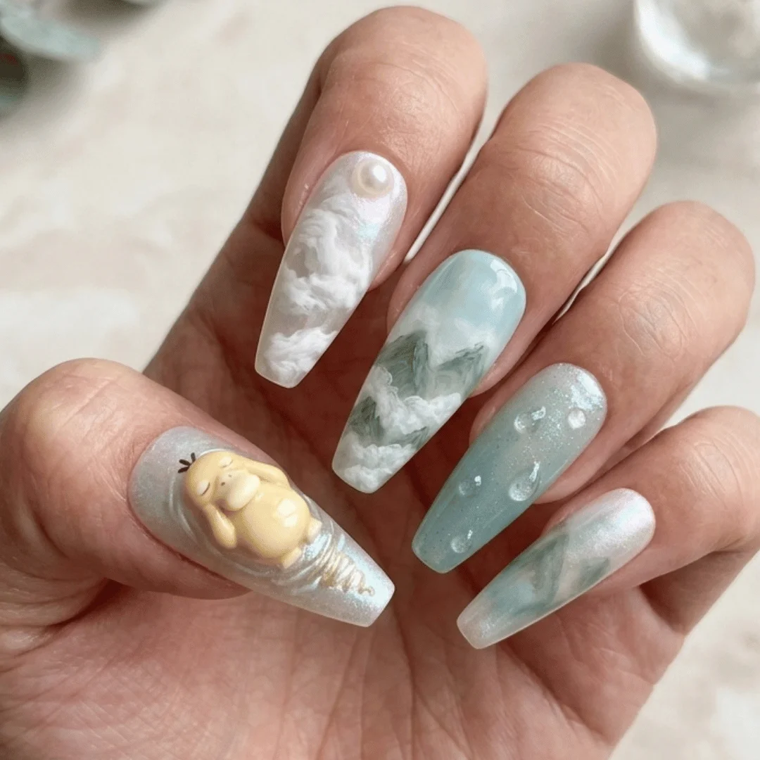 Pokemon false nails, hand-painted watercolor nails, press on nails, custom press on nails, fake nails, Nails Art, stained glass nails, gold press on nails, 3d press on nails, luxury press on nails, handmade press on nails