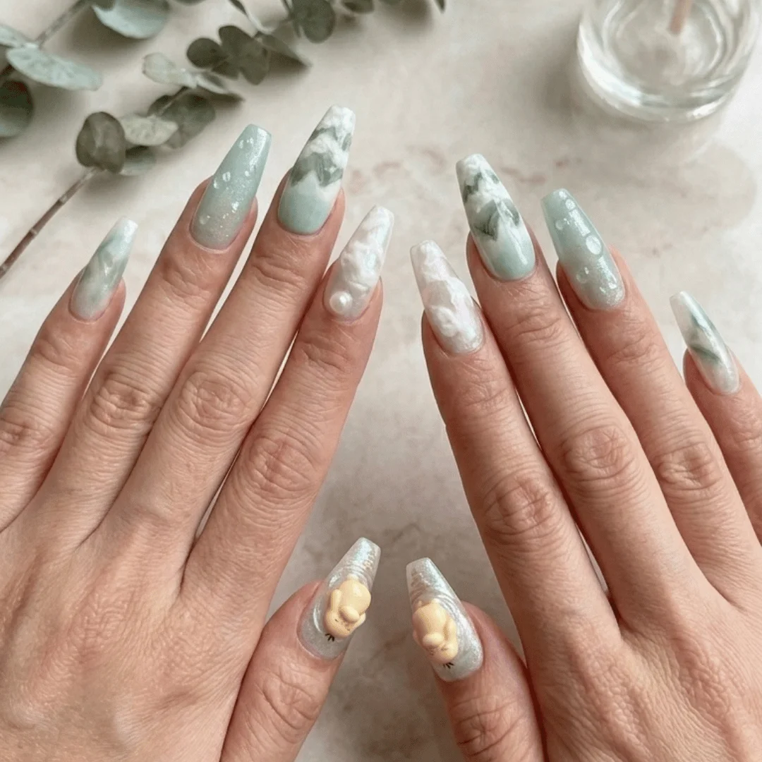 forest themed nails, misty mountain design, press on nails, custom press on nails, fake nails, Nails Art, stained glass nails, gold press on nails, 3d press on nails, luxury press on nails, handmade press on nails