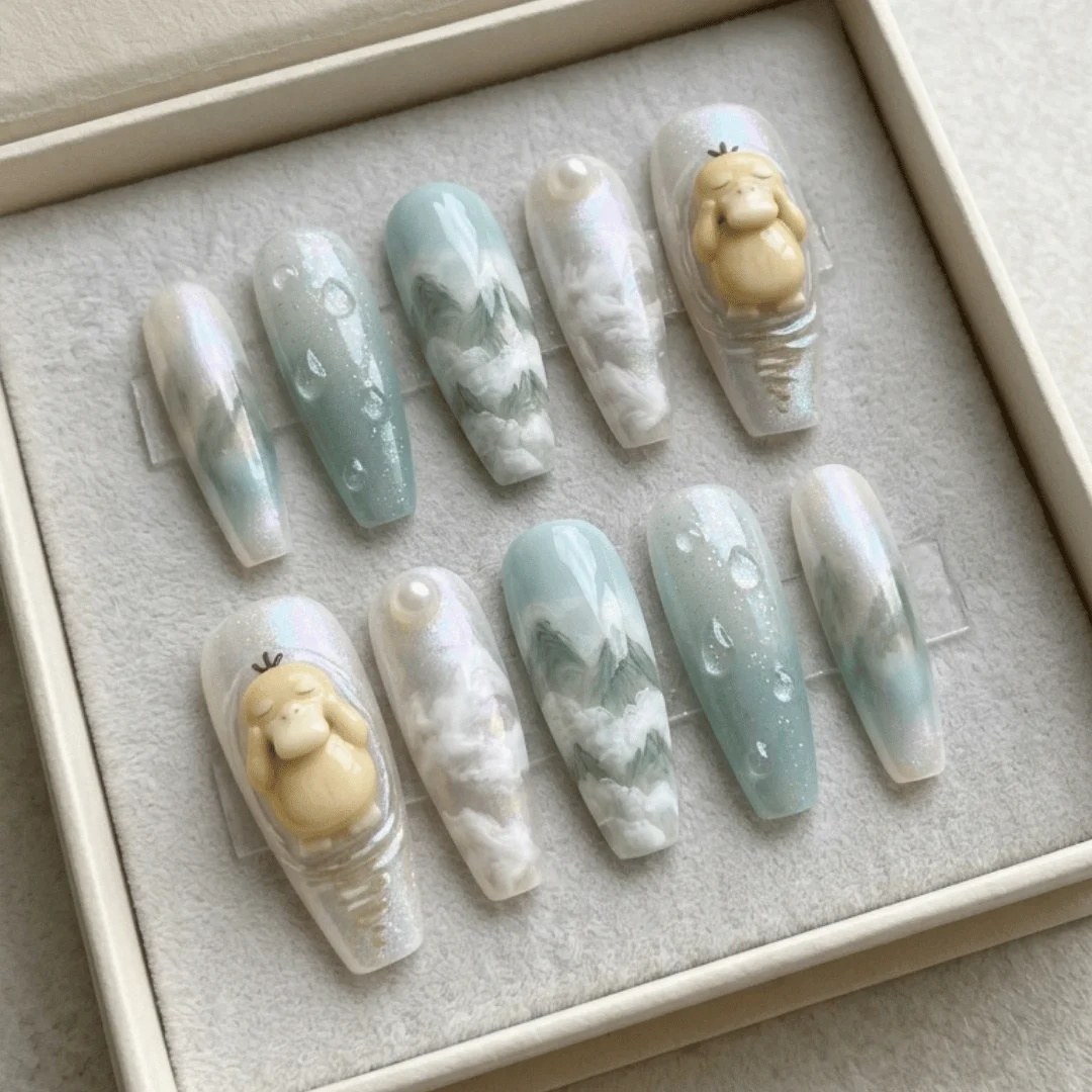 iridescent forest nails, Zen Psyduck press on nails, press on nails, custom press on nails, fake nails, Nails Art, stained glass nails, gold press on nails, 3d press on nails, luxury press on nails, handmade press on nails