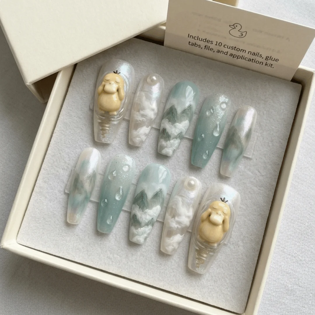 3D Misty Mountain nails, Pokemon false nails, press on nails, custom press on nails, fake nails, Nails Art, stained glass nails, gold press on nails, 3d press on nails, luxury press on nails, handmade press on nails