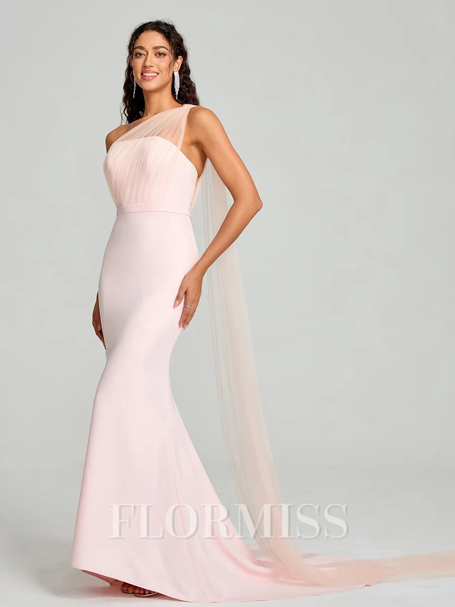 Sheath/Column One-Shoulder Sweep Train Sleeveless Stretch Crepe Bridesmaid Dress