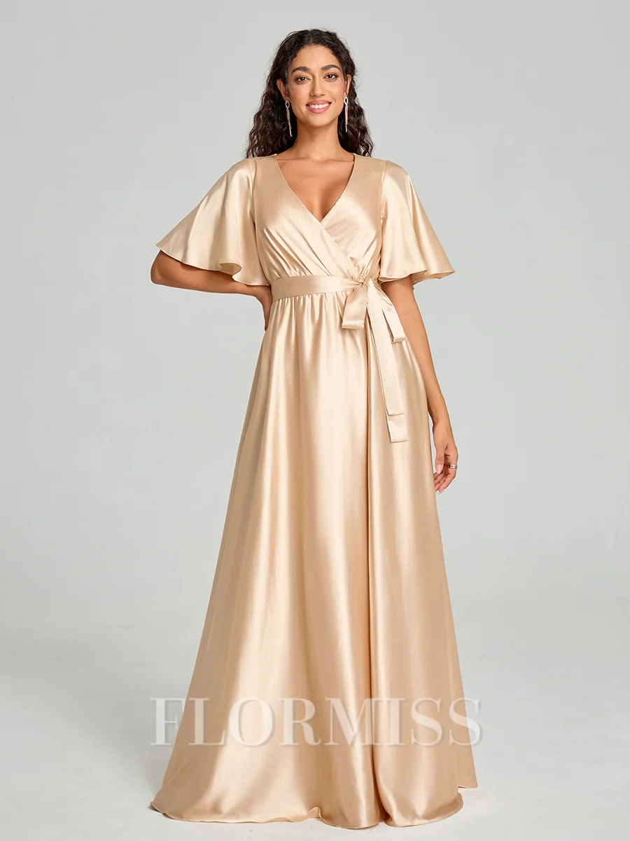 A-Line/Princess V-neck Floor-Length Short Sleeves Silk like Satin Bridesmaid Dress