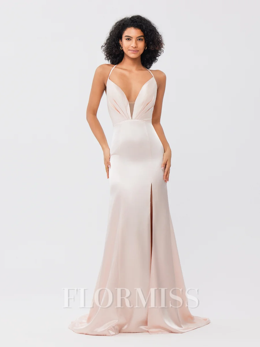 Sheath/Column Silk like Satin Ruched V-neck Sleeveless Sweep/Brush Train Bridesmaid Dresses