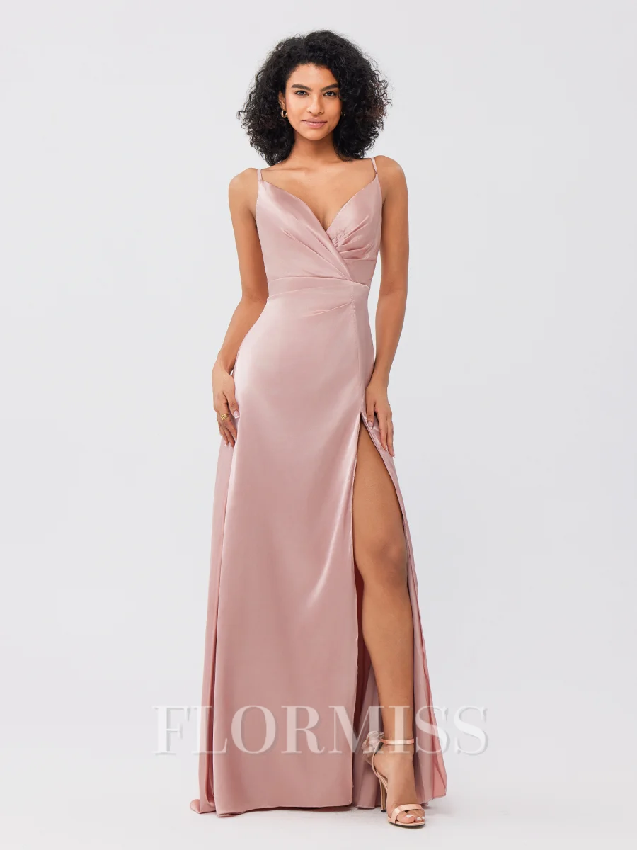 A-Line/Princess Silk like Satin Ruched V-neck Sleeveless Floor-Length Bridesmaid Dresses