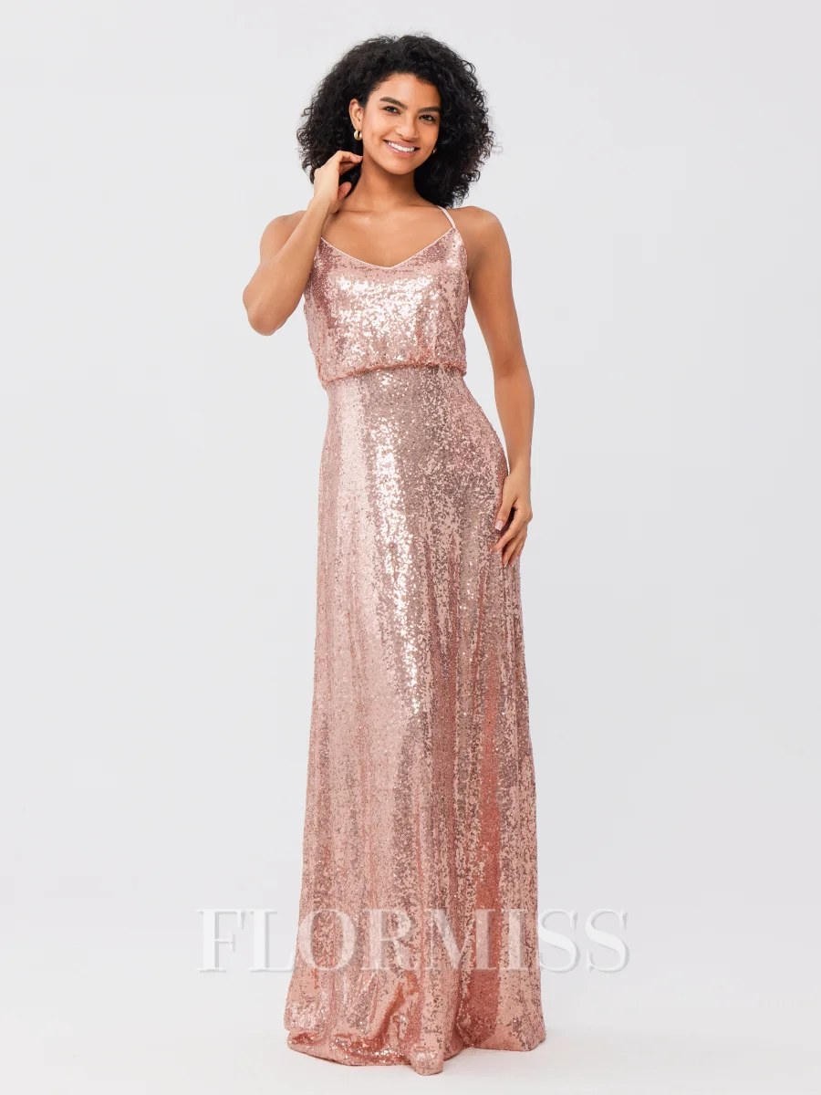 A-Line/Princess Sequins Ruched Straps Sleeveless Floor-Length Bridesmaid Dresses
