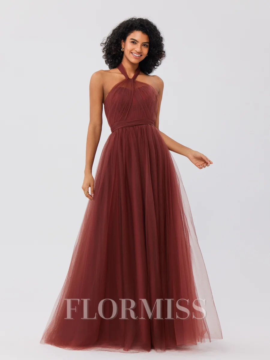 A-Line/Princess Tulle Ruffles Halter Sleeveless Floor-Length Bridesmaid Dresses