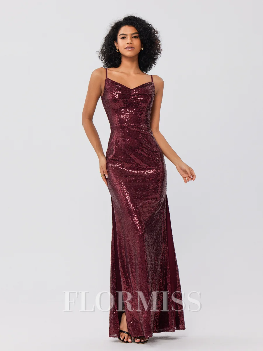 Sheath/Column Sequins Ruched Spaghetti Straps Sleeveless Floor-Length Bridesmaid Dresses