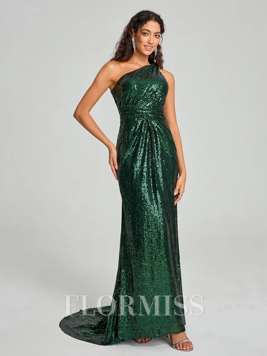 Sheath/Column One-Shoulder Sweep/Brush Train Sleeveless Sequins Bridesmaid Dress