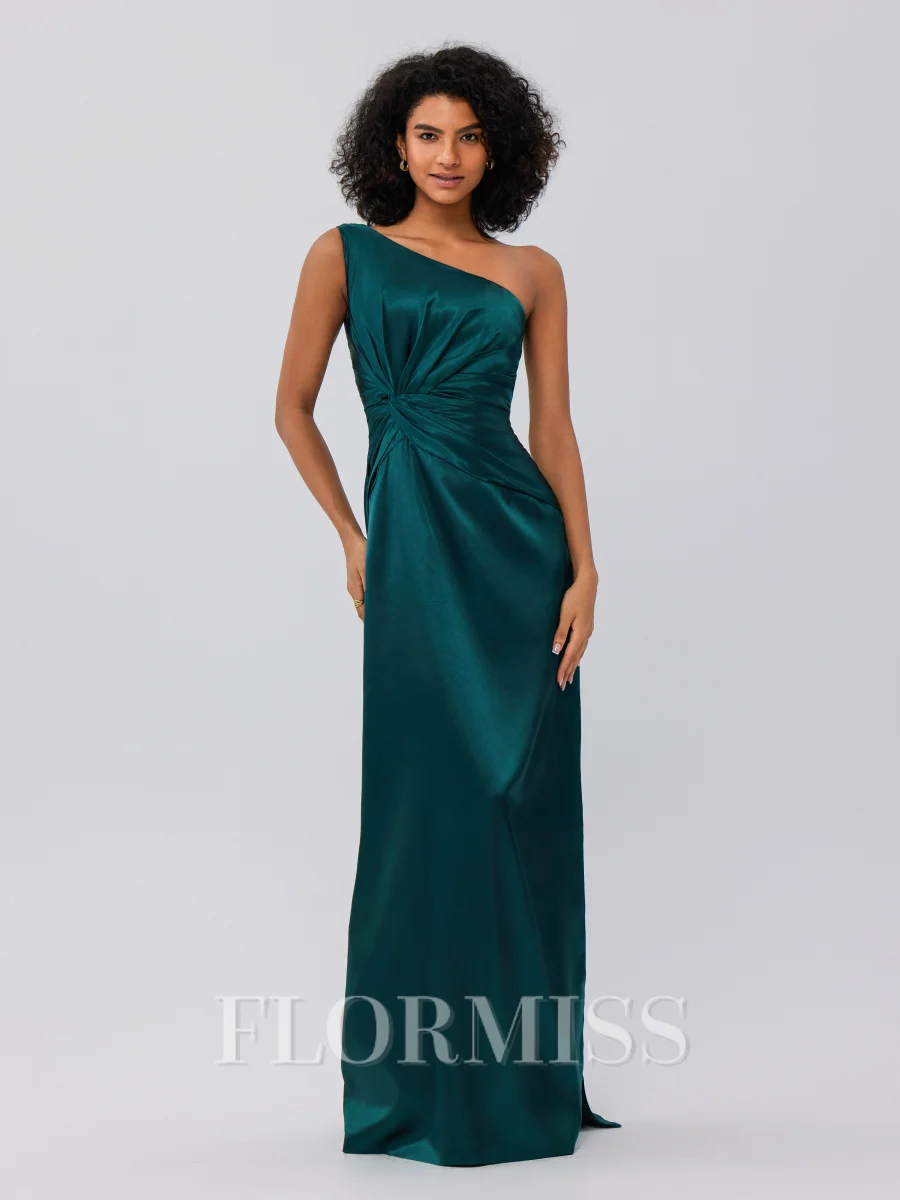 Sheath/Column Silk Like Satin Ruched One-Shoulder Sleeveless Floor-Length Bridesmaid Dresses