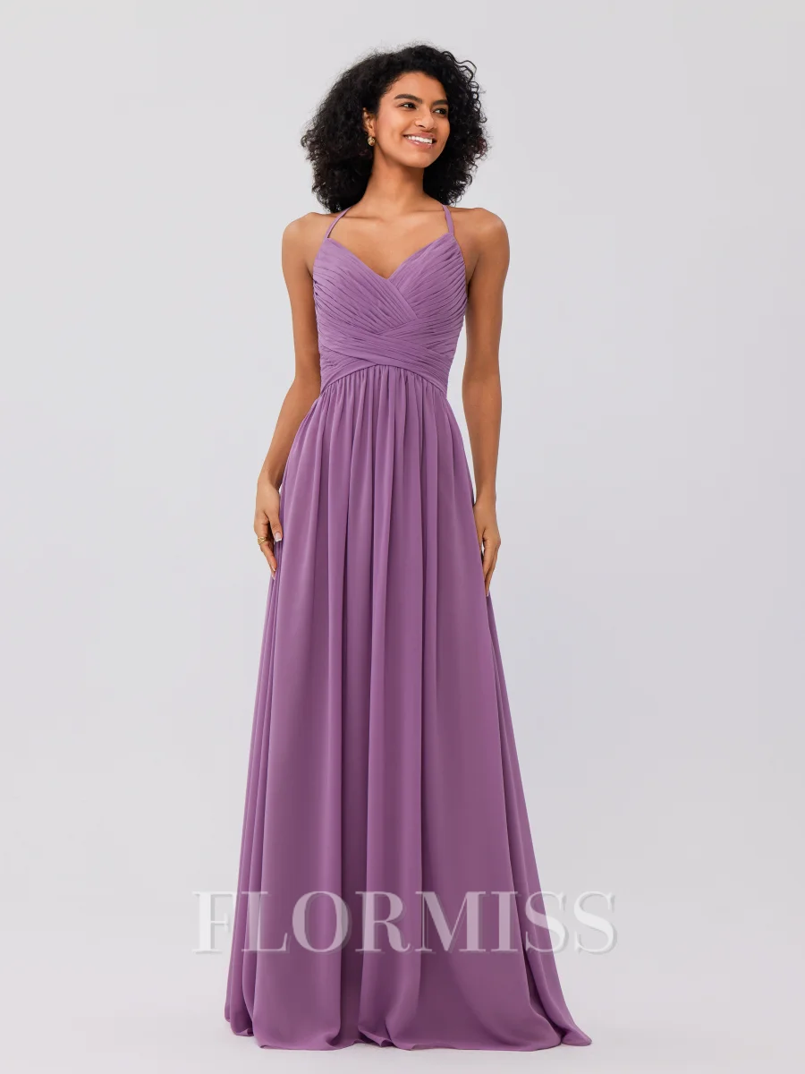A-Line/Princess Chiffon Ruched V-neck Sleeveless Floor-Length Bridesmaid Dresses