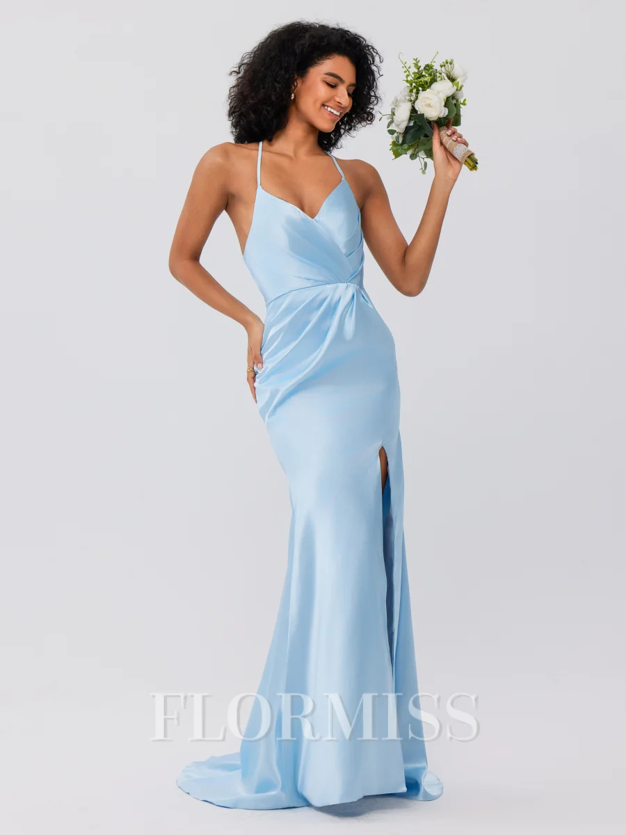 Sheath/Column Silk Like Satin Ruched Spaghetti Straps Sleeveless Sweep/Brush Train Bridesmaid Dresses