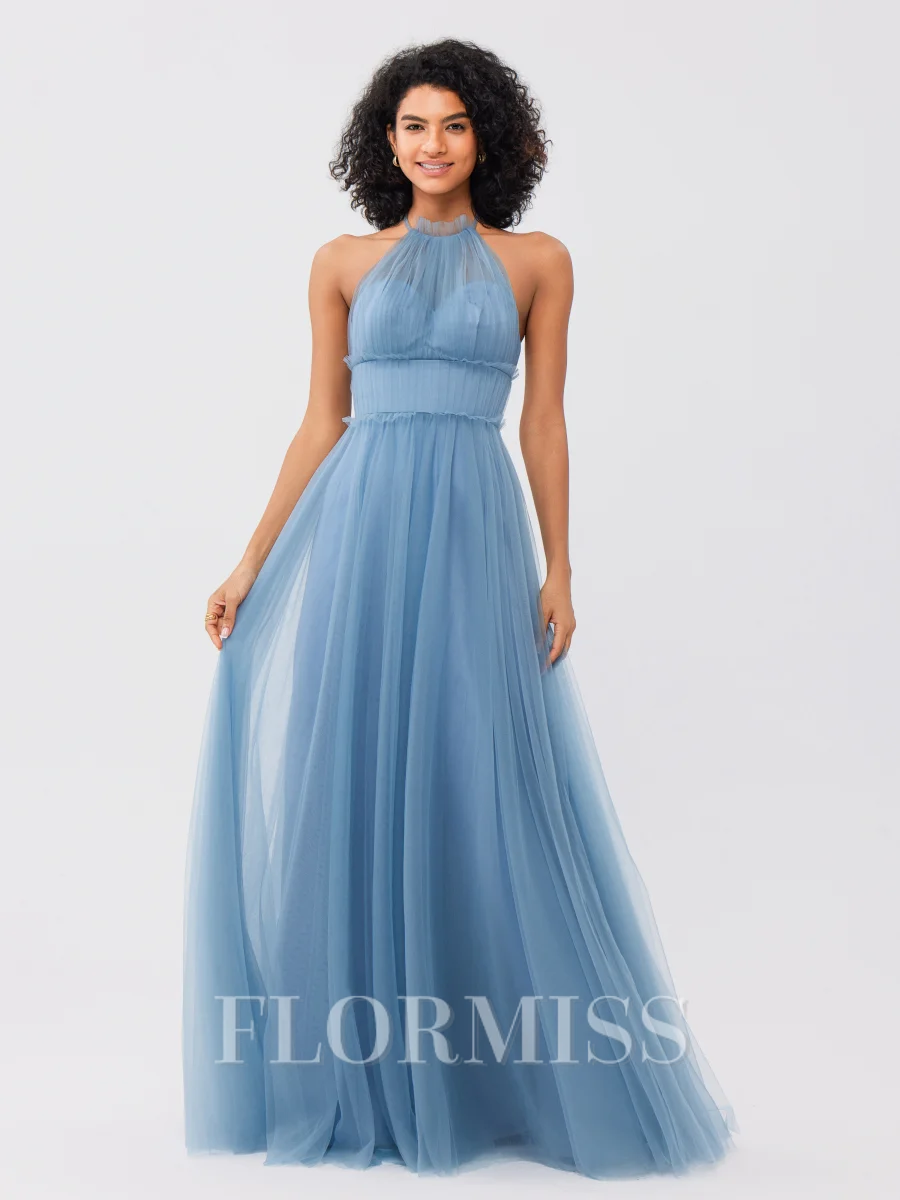A-Line/Princess Tulle Ruched Halter Sleeveless Floor-Length Bridesmaid Dresses