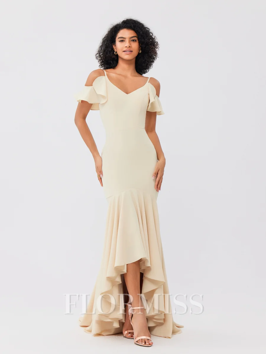 Trumpet/Mermaid Jersey Ruffles V-neck Sleeveless Asymmetrical Bridesmaid Dresses