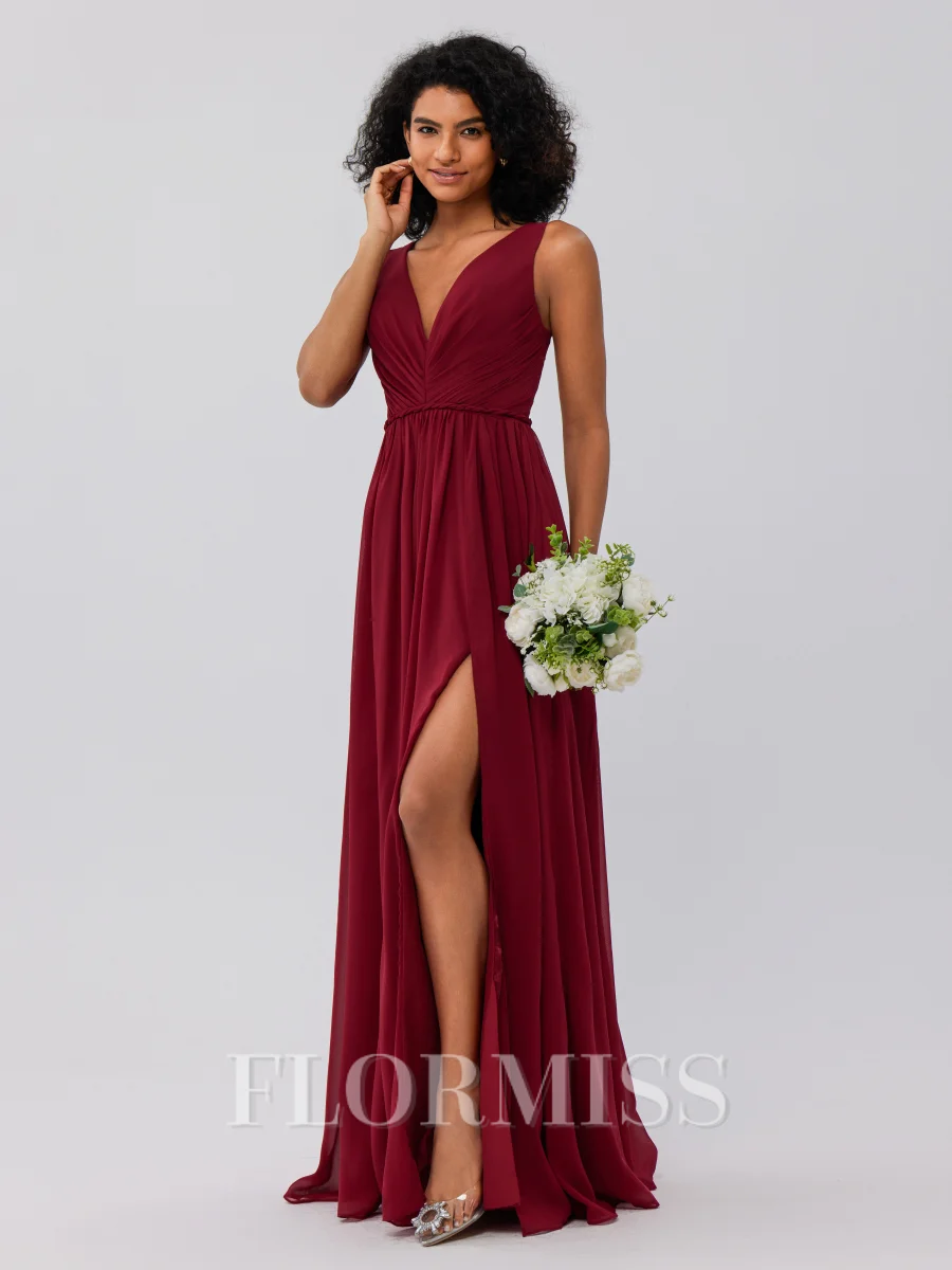 A-Line/Princess Chiffon Ruffles V-neck Sleeveless Floor-Length Bridesmaid Dresses