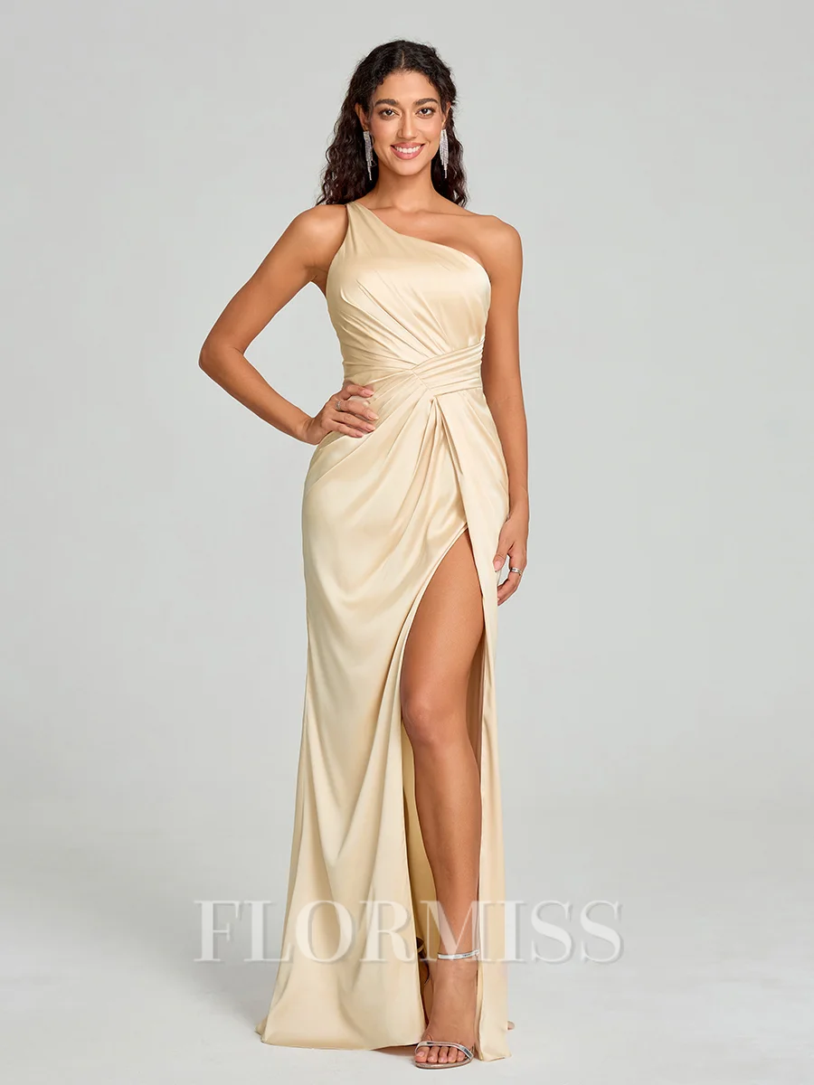 Sheath/Column One-Shoulder Floor-Length Sleeveless Silk Like Satin Bridesmaid Dress