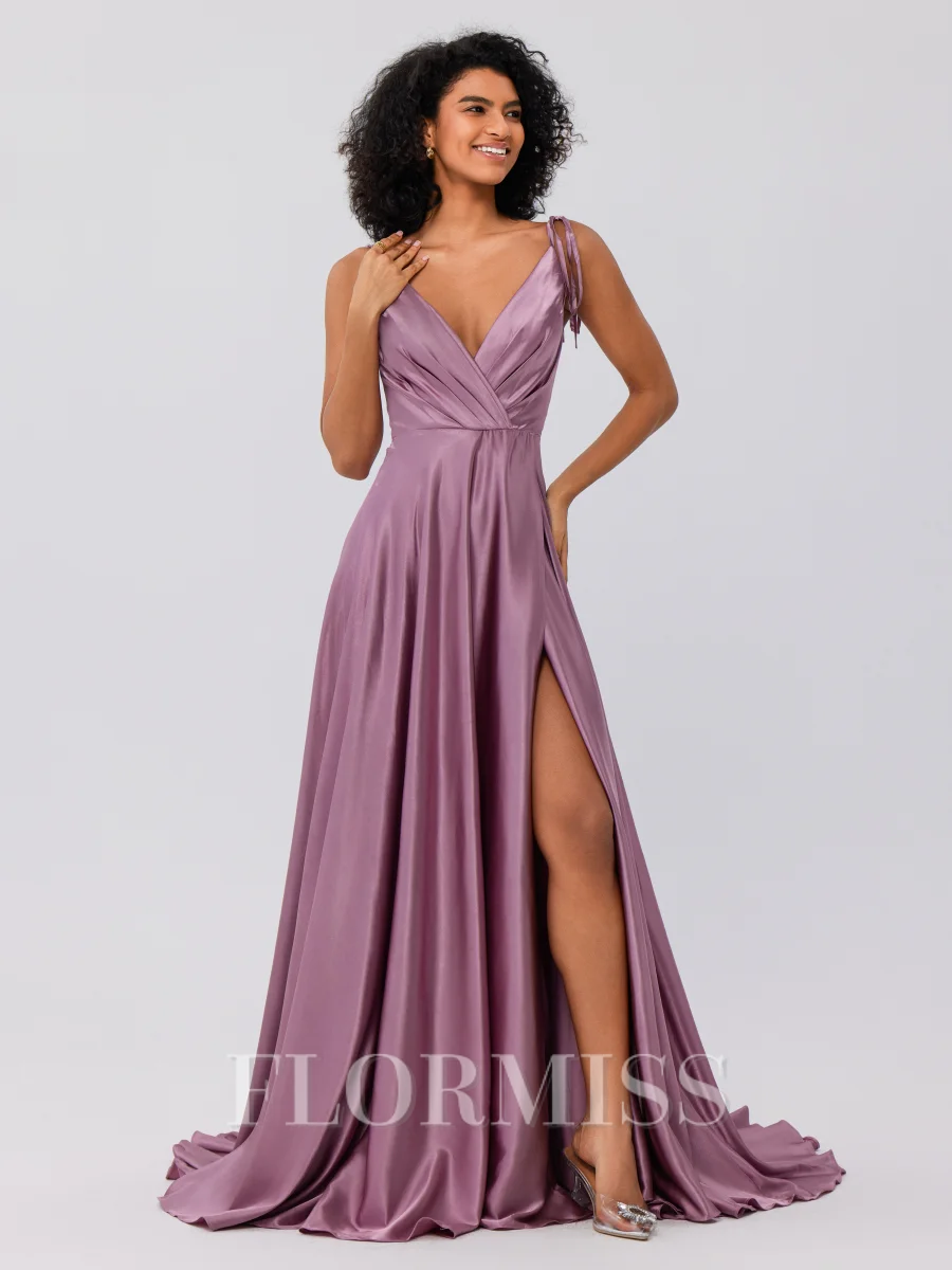 A-Line/Princess Silk like Satin Ruffles V-neck Sleeveless Sweep/Brush Train Bridesmaid Dresses