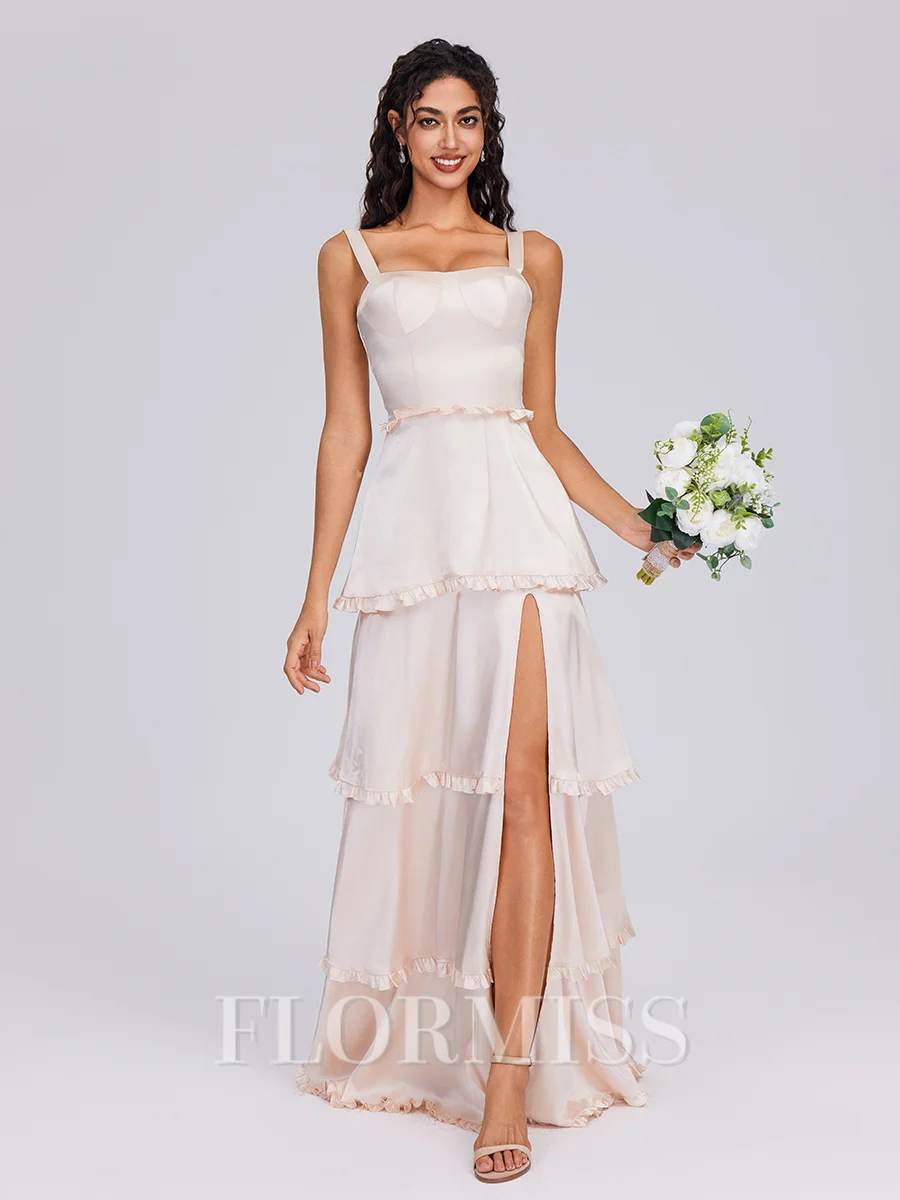 A-line Straps Cascading Ruffles Floor-Length Silk Like Satin Bridesmaid Dress