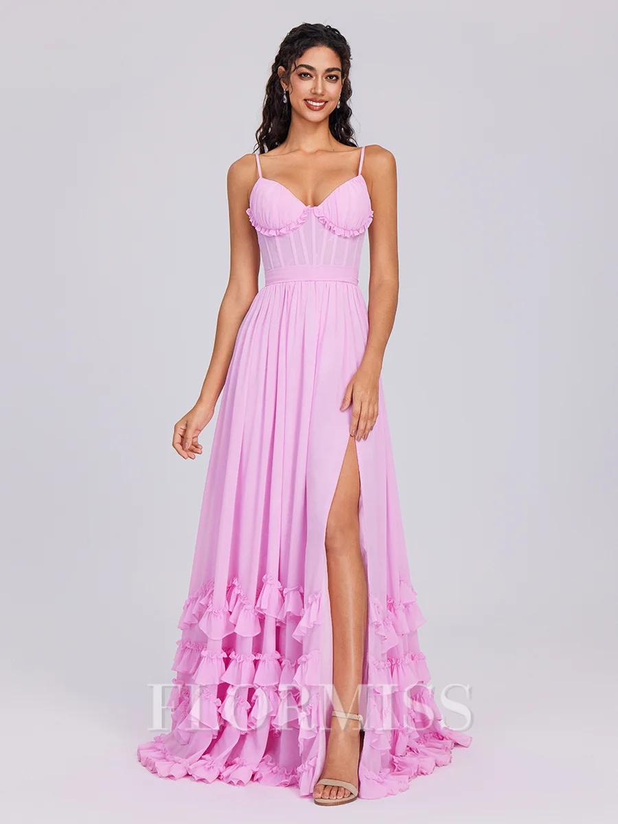 A-line V-neck Ruffles Floor-Length Chiffon Corset Bridesmaid Dress