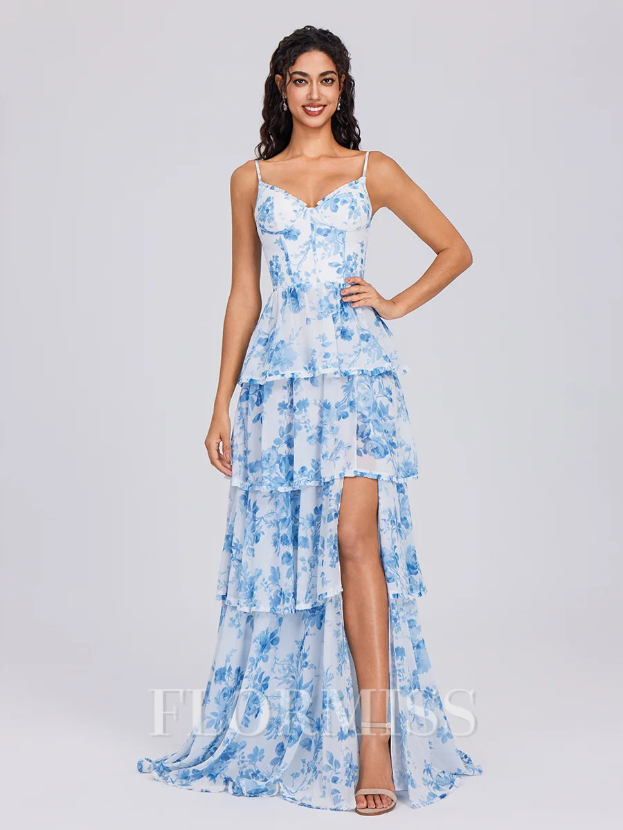 A-line V-neck Cascading Ruffles Floor-Length Corset Bridesmaid Dress