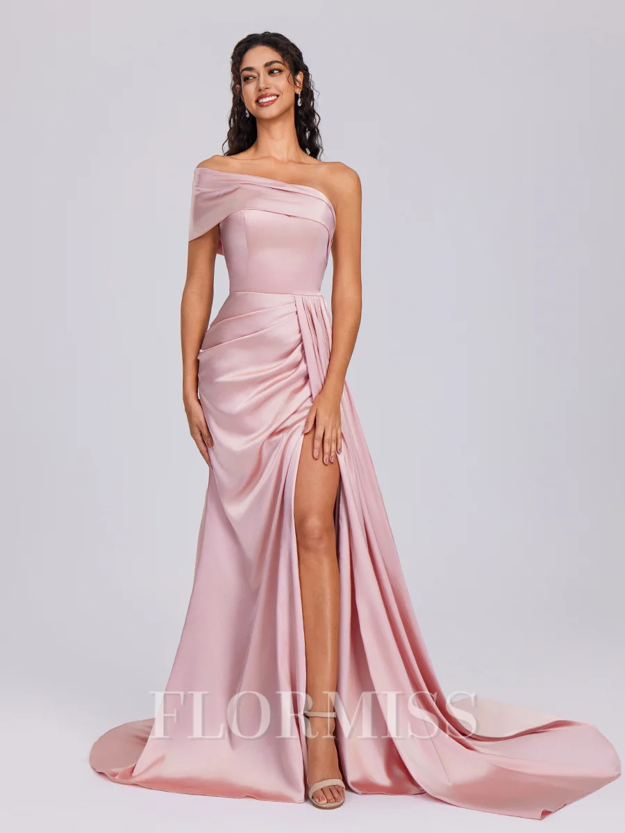 Sheath One-Shoulder Pleated Sweep Train Silk Like Satin Bridesmaid Dress