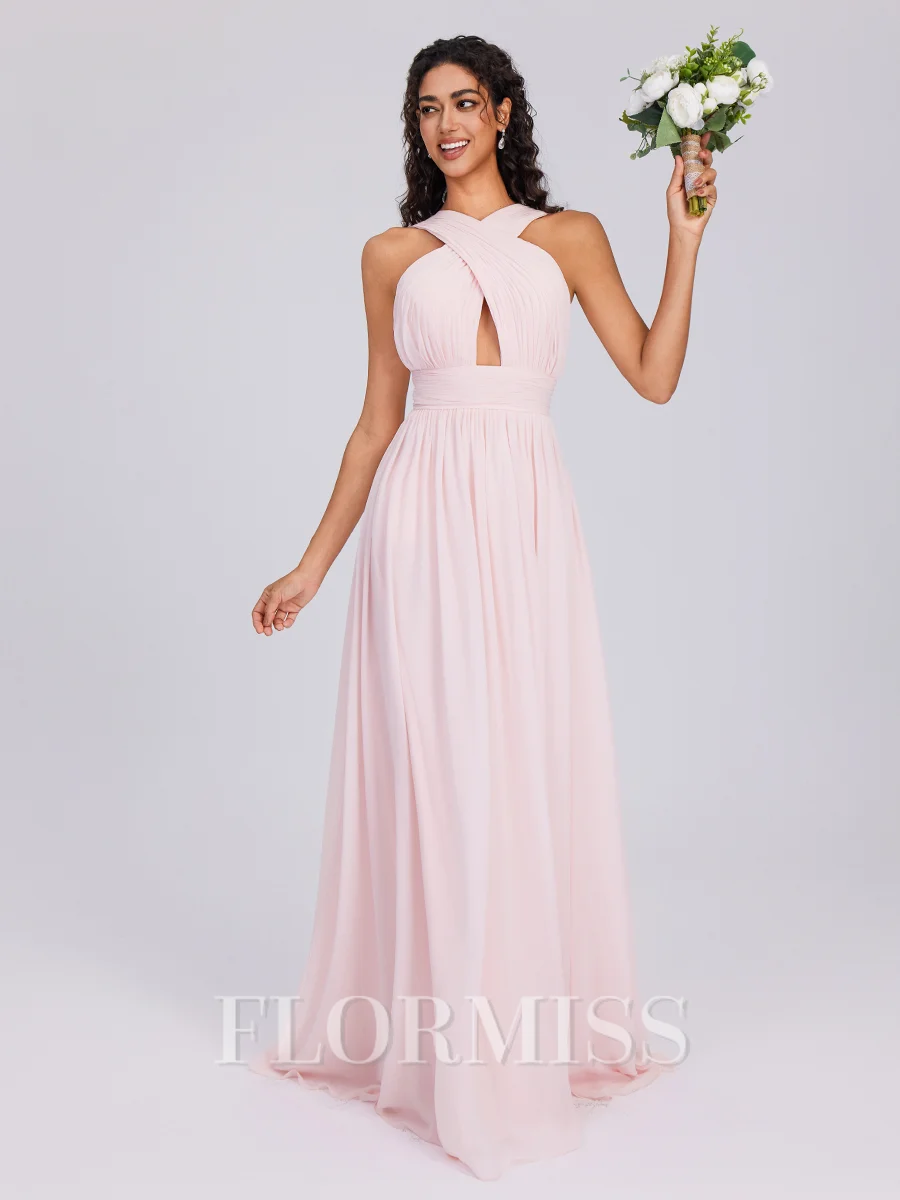 A-line Halter Pleated Floor-Length Chiffon Bridesmaid Dress