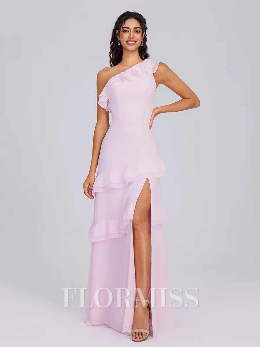 A-line One-Shoulder Cascading Ruffles Ankle-Length Chiffon Bridesmaid Dress