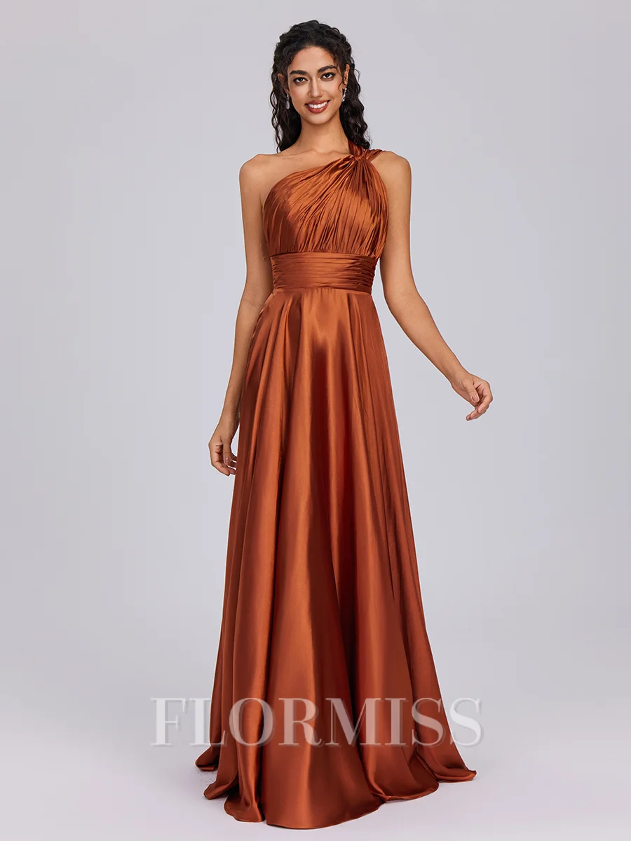A-line One-Shoulder Pleated Floor-Length Silk Like Satin Bridesmaid Dress