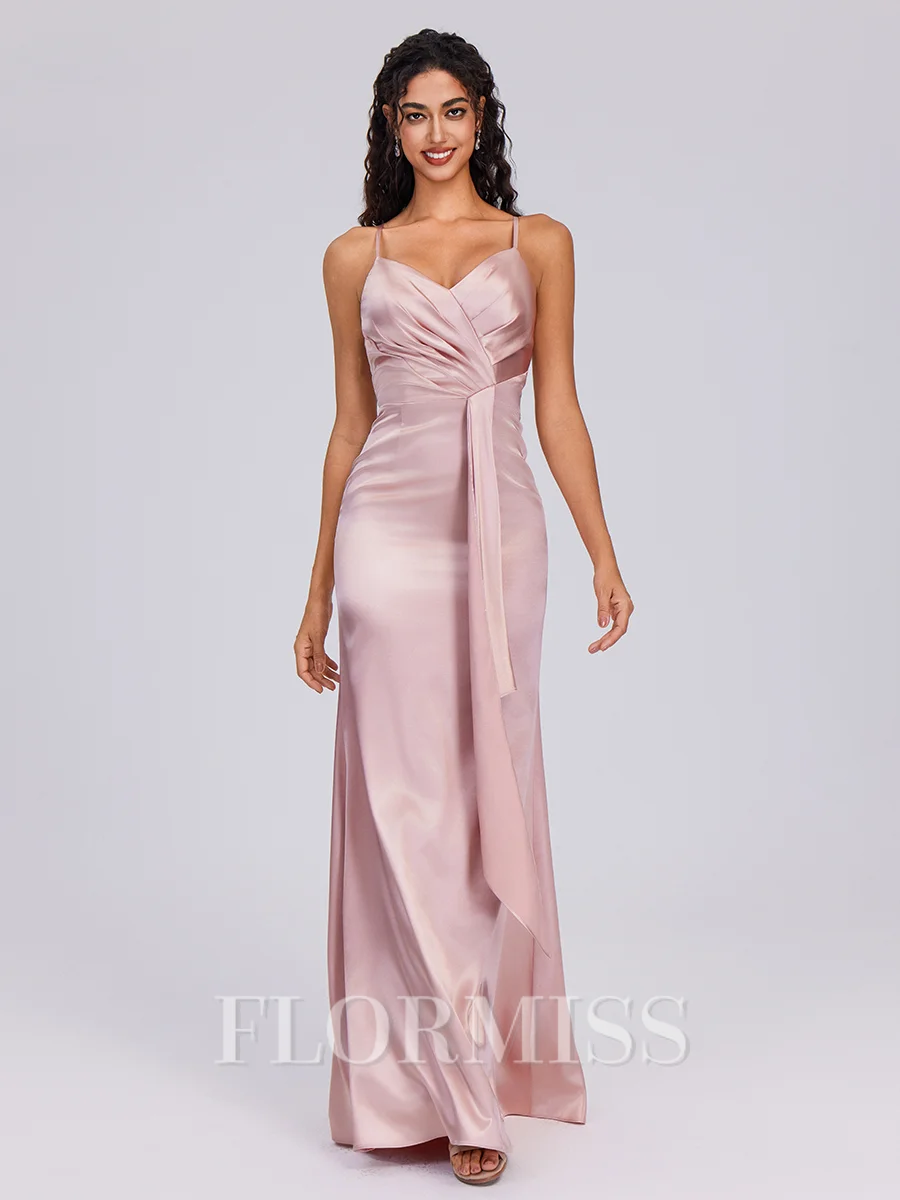 Sheath V-neck Ruffles Floor-Length Silk Like Satin Bridesmaid Dress