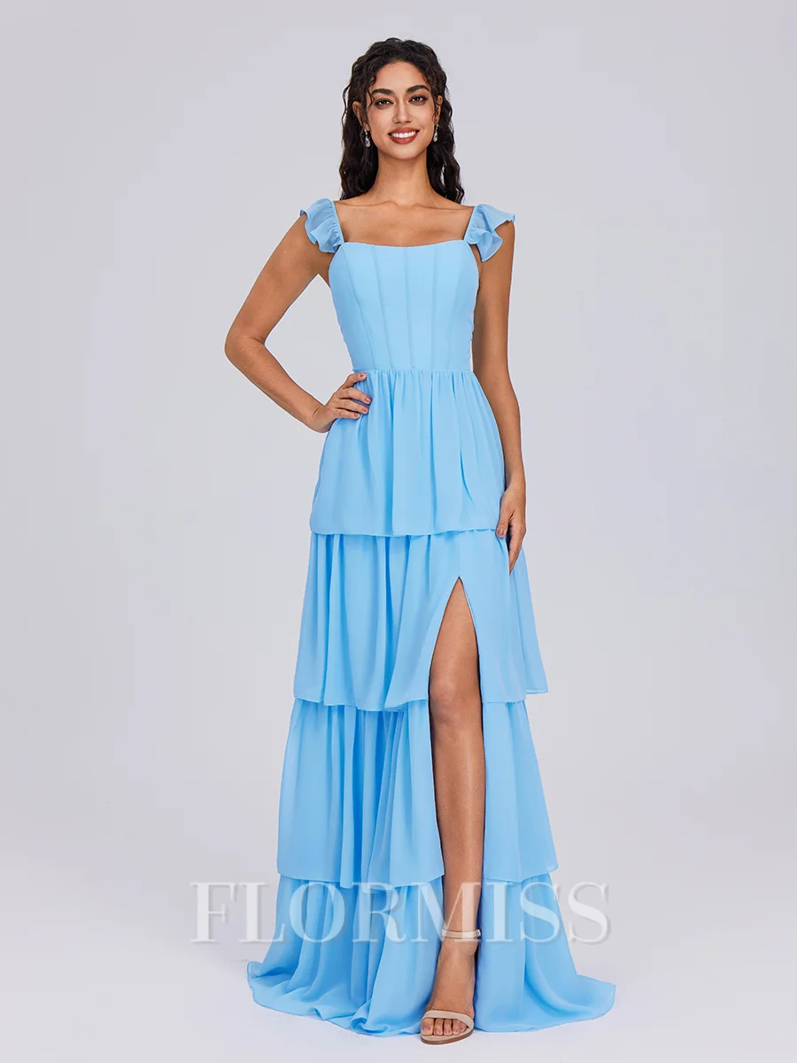 A-line Square Cascading Ruffles Floor-Length Chiffon Corset Bridesmaid Dress