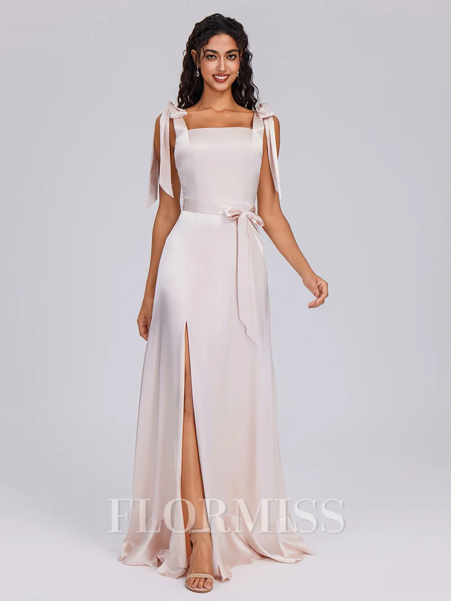 A-line Square Bow Floor-Length Silk Like Satin Bridesmaid Dress