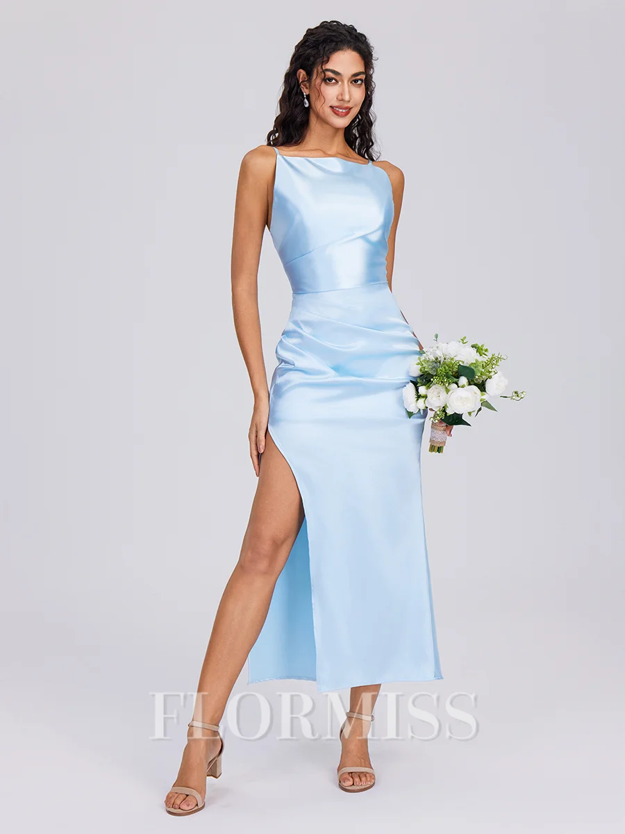 Sheath Halter Pleated Ankle-Length Silk Like Satin Bridesmaid Dress