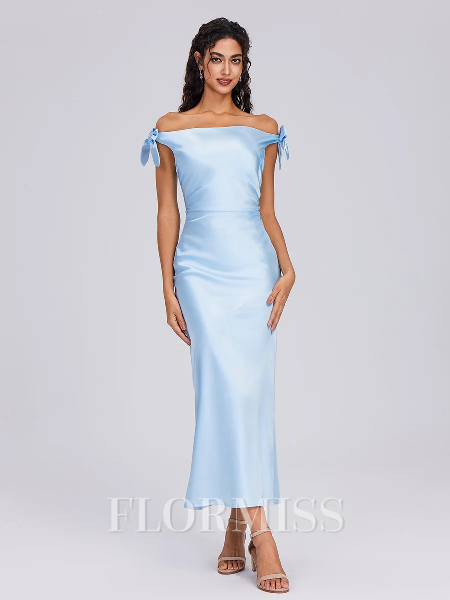 Sheath Off-the-Shoulder Bow Ankle-Length Silk Like Satin Bridesmaid Dress