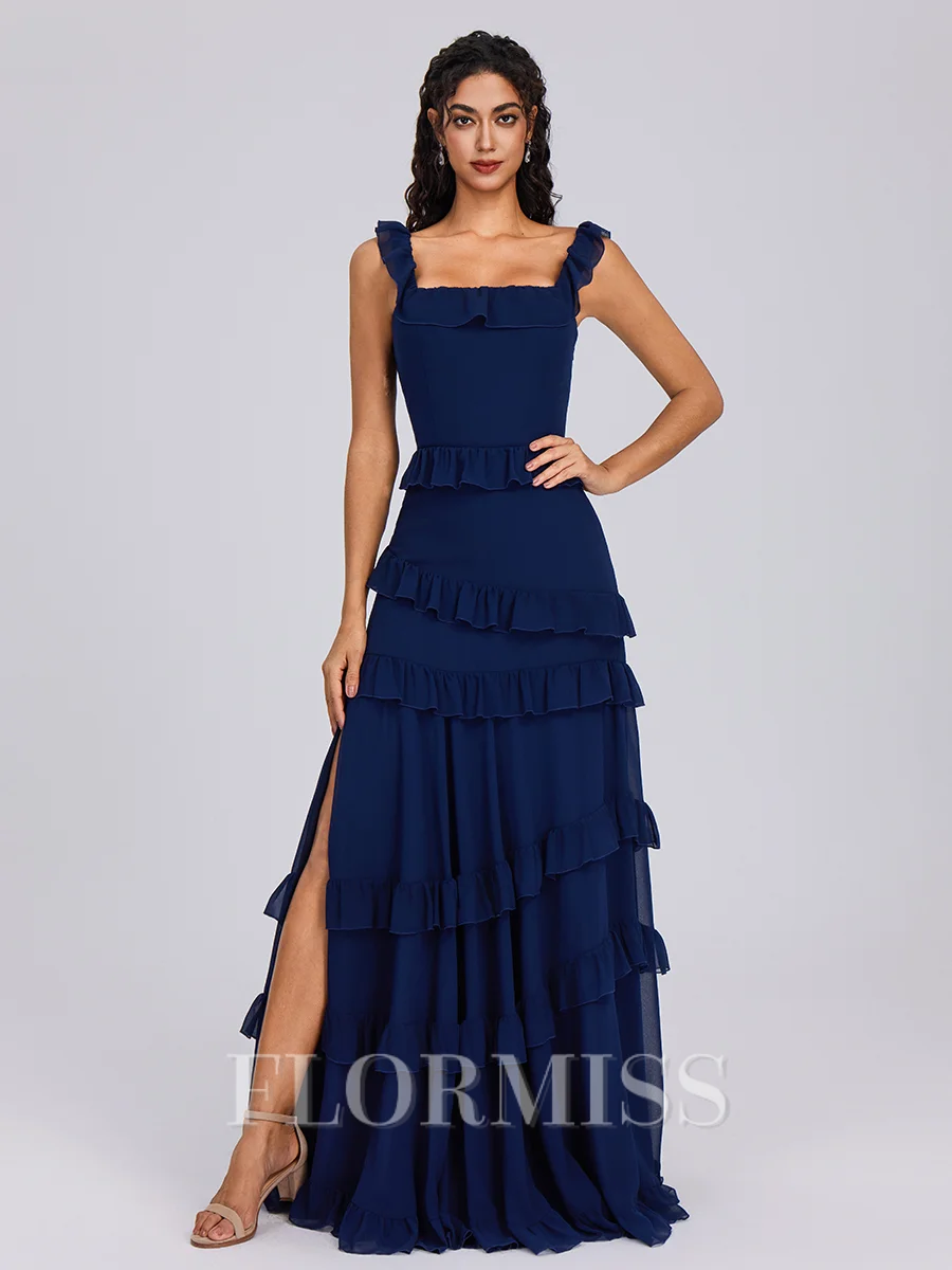 A-line Square Cascading Ruffles Floor-Length Bridesmaid Dress