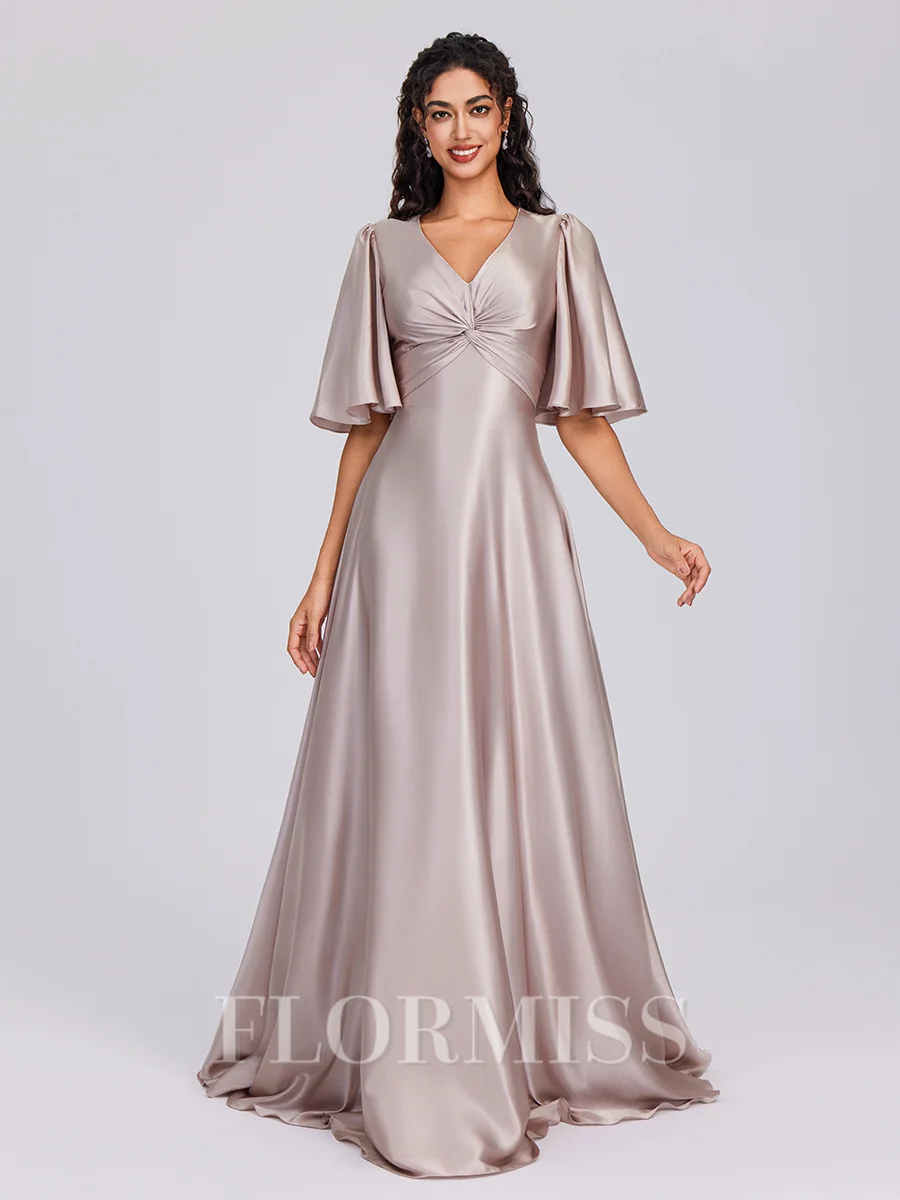 A-line V-neck 1/2 Sleeves Pleated Floor-Length Silk Like Satin Dress