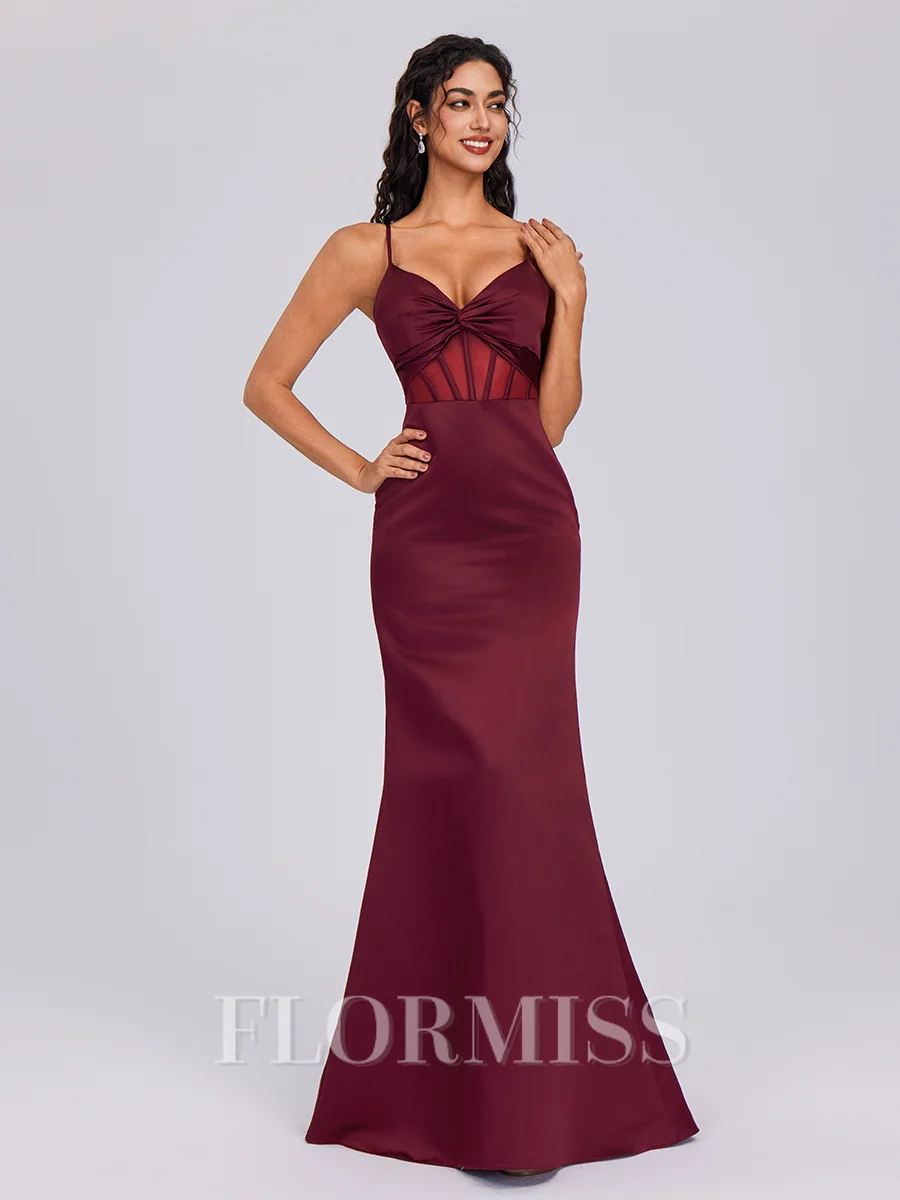 Sheath V-neck Pleated Floor-Length Satin Corset Bridesmaid Dress