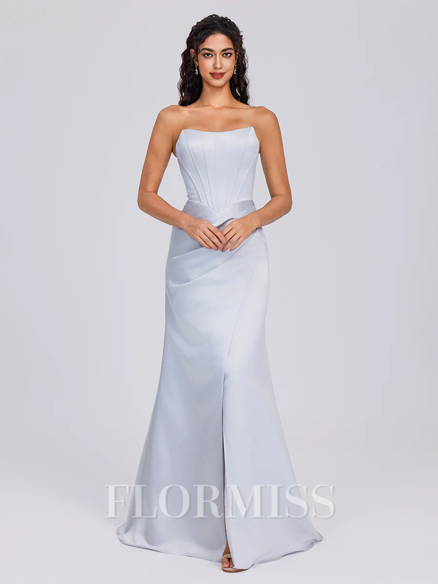 Sheath Straight Pleated Floor-Length Satin Corset Bridesmaid Dress