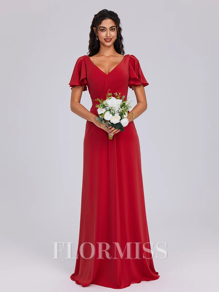 A-line V-neck Short Sleeves Pleated Floor-Length Bridesmaid Dress