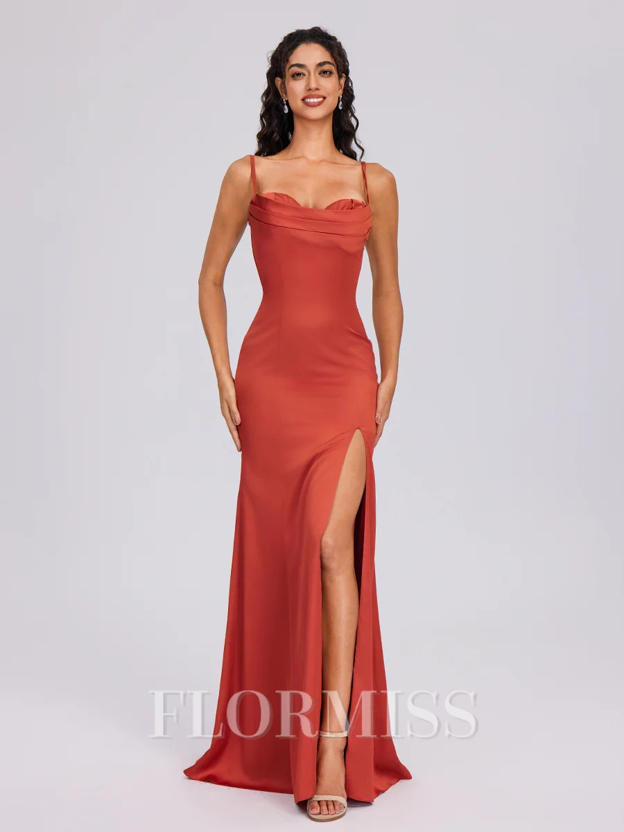Sheath Cowl Pleated Floor-Length Silk Like Satin Bridesmaid Dress