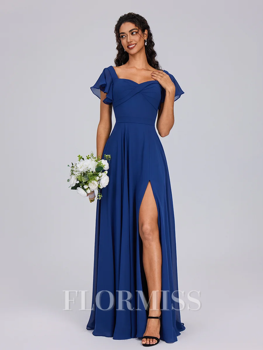 A-line Square Short Sleeves Pleated Floor-Length Chiffon Bridesmaid Dress