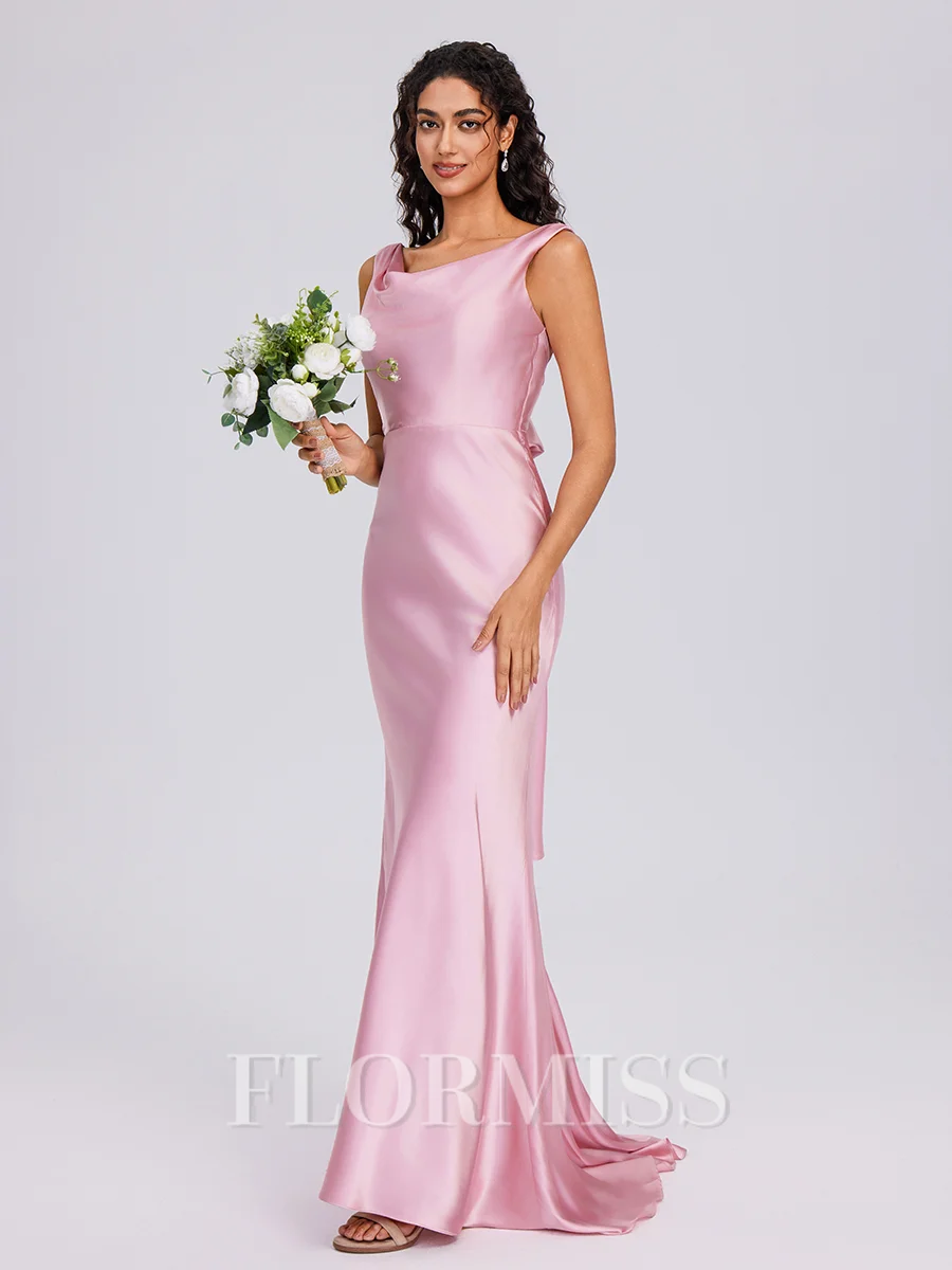 Sheath Cowl Bow Sweep Train Silk Like Satin Bridesmaid Dress