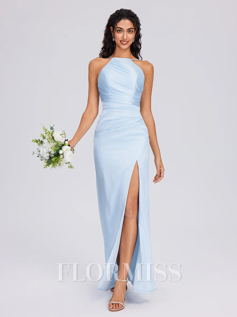 Sheath Halter Pleated Floor-Length Silk Like Satin Bridesmaid Dress