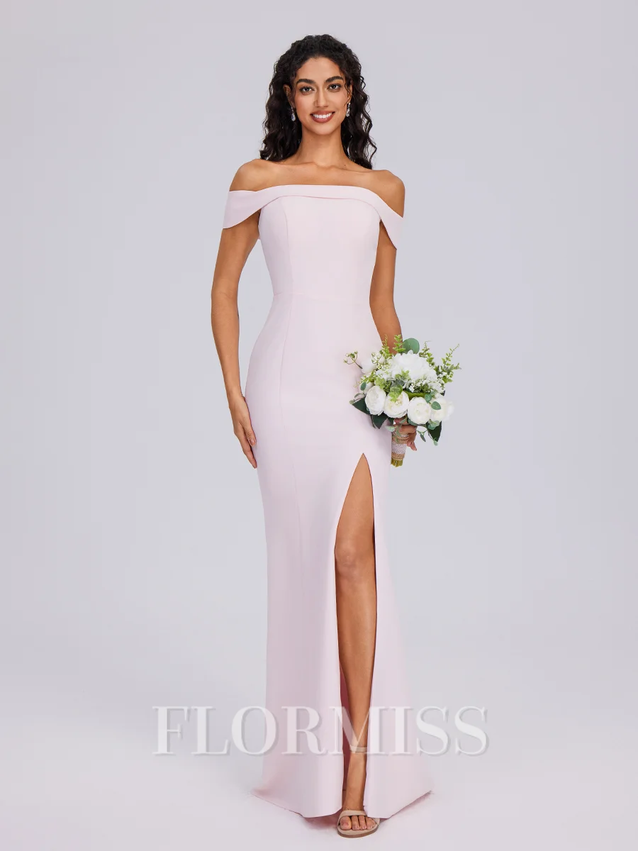 Sheath Off-the-Shoulder Floor-Length Stretch Crepe Bridesmaid Dress