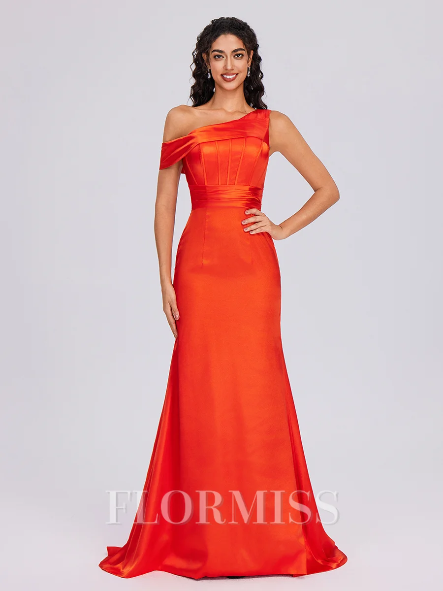 Sheath One-Shoulder Pleated Sweep Train Silk Like Satin Corset Bridesmaid Dress