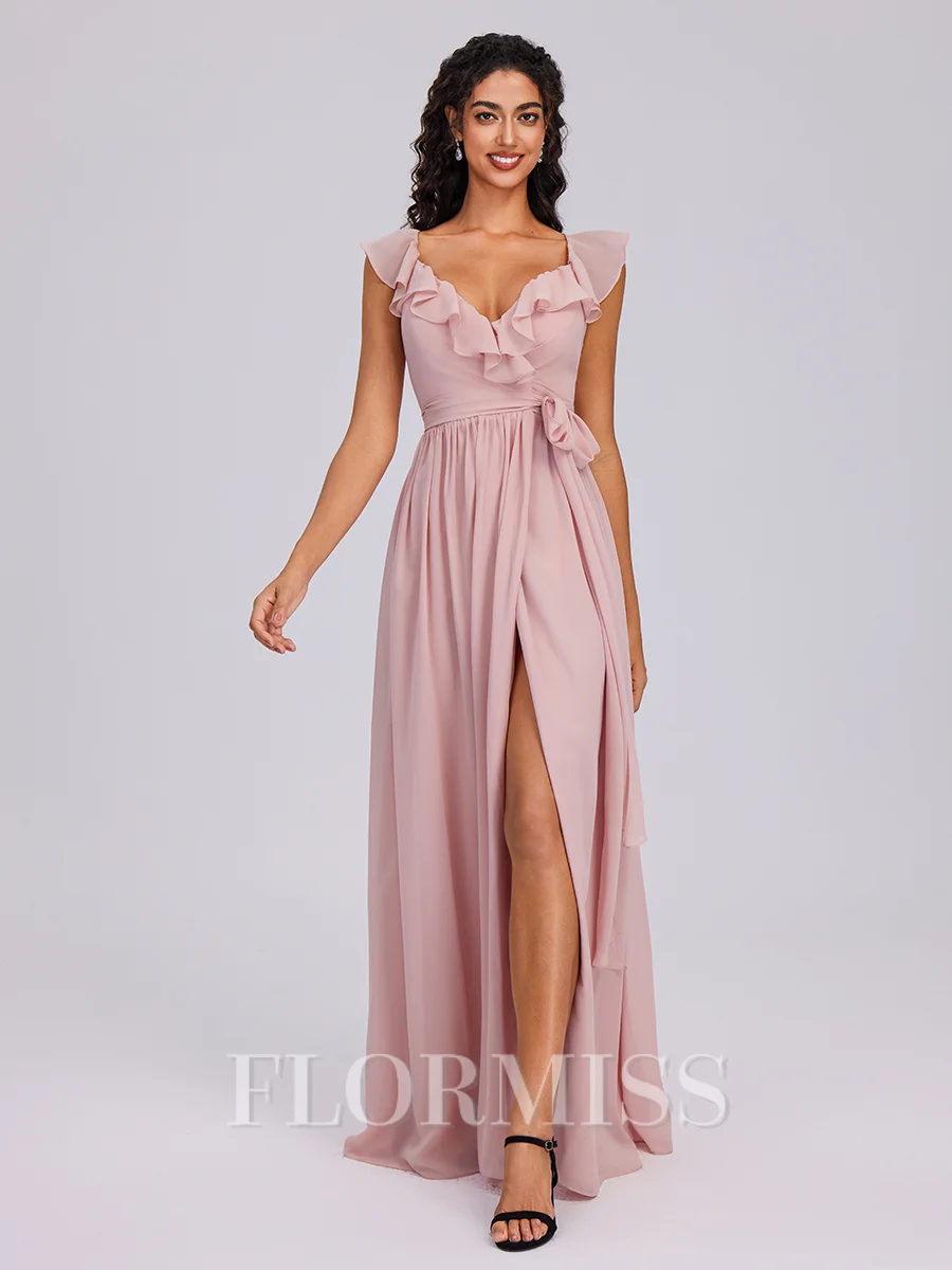 A-line V-neck Sash/Ribbon/Belt Floor-Length Chiffon Bridesmaid Dress