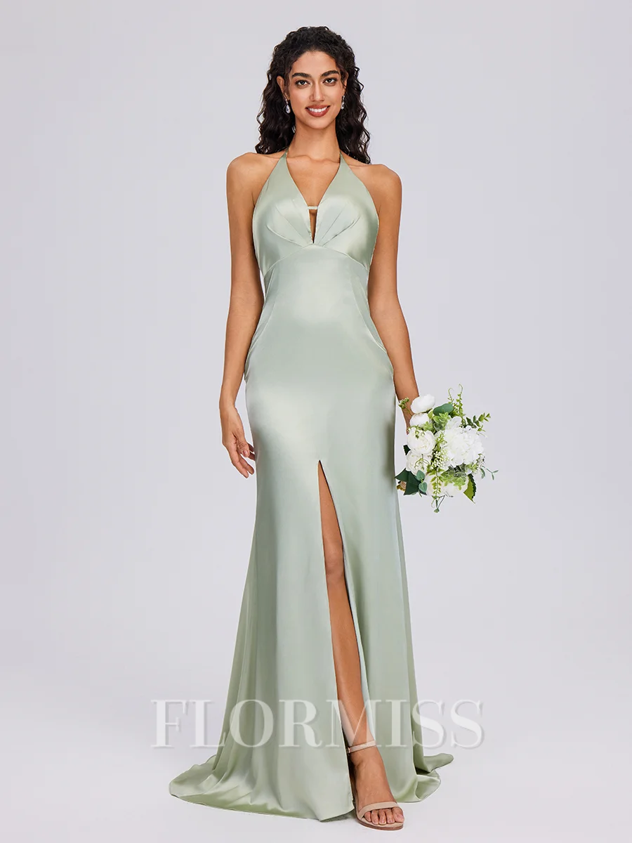 Sheath V-neck Pleated Sweep Train Silk Like Satin Bridesmaid Dress