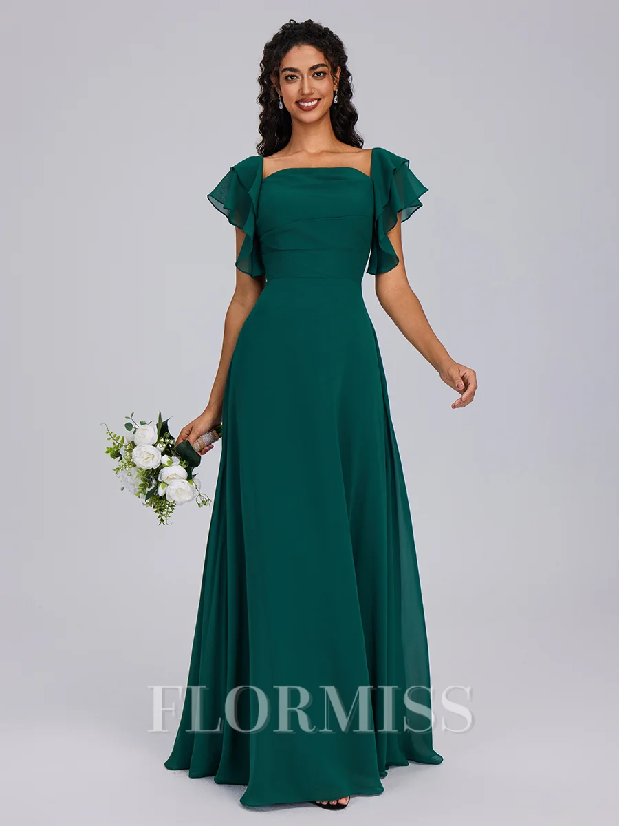 A-line Square Short Sleeves Ruffles Floor-Length Chiffon Bridesmaid Dress