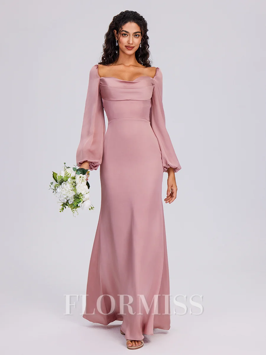 Sheath Cowl Long Sleeves Pleated Floor-Length Satin Chiffon Bridesmaid Dress